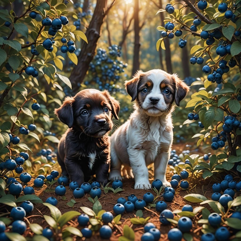 Puppies Play in Blueberry Forest: 3D Rendering