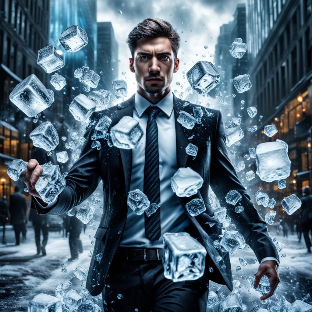 Hyperrealistic Young Businessman with Ice Powers