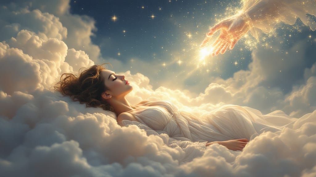Divine Blessing on Woman Sleeping on Mystical Clouds