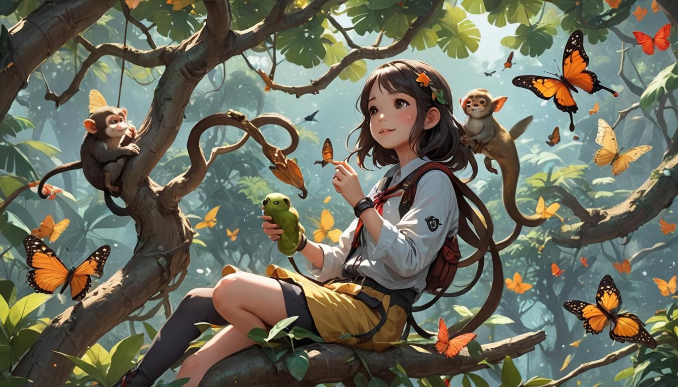 Girl, Monkeys, and Jungle Fruits in Anime Style