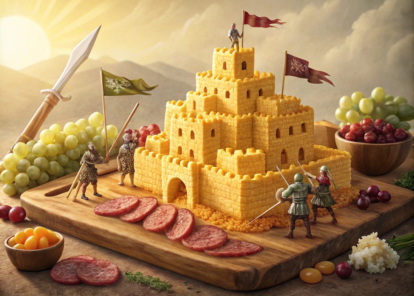 Cheddar Cheese Castle with Grape Knights and Salami Soldiers