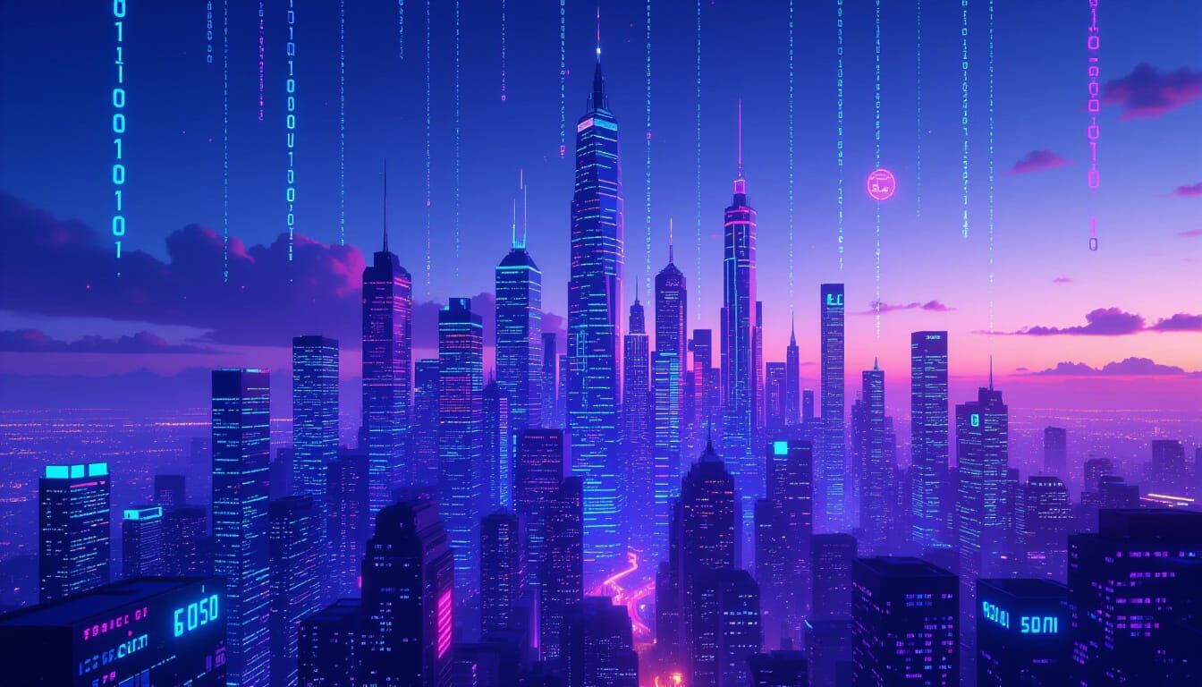 Digital Cityscape of Binary Code and Data Streams