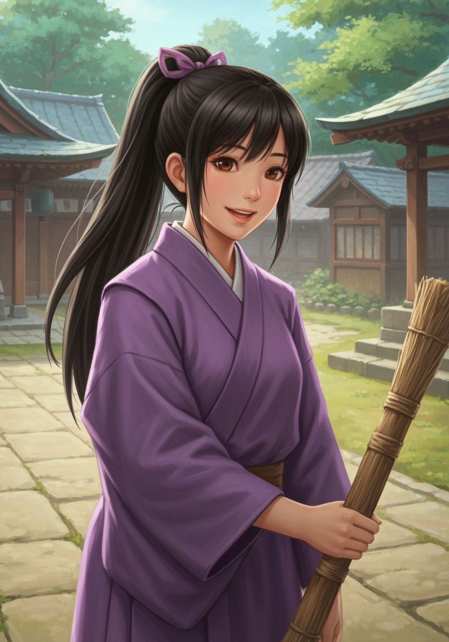 Ancient Japanese Girl Cleans Temple in Ethereal Style