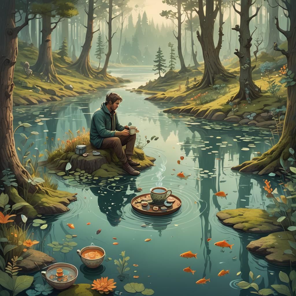 Whimsical Fantasy: Man, Lake, and Teacup Harmony