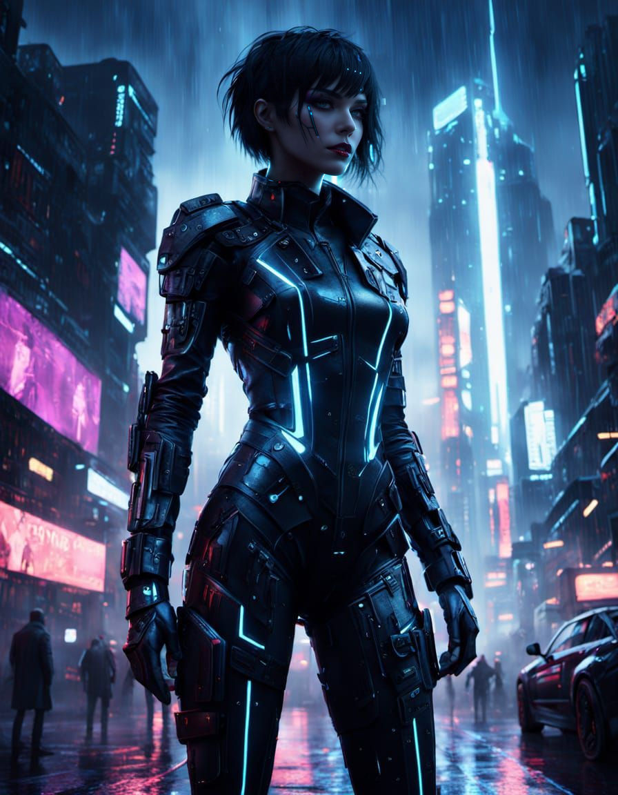 Cyberpunk Woman on Neon Rooftop