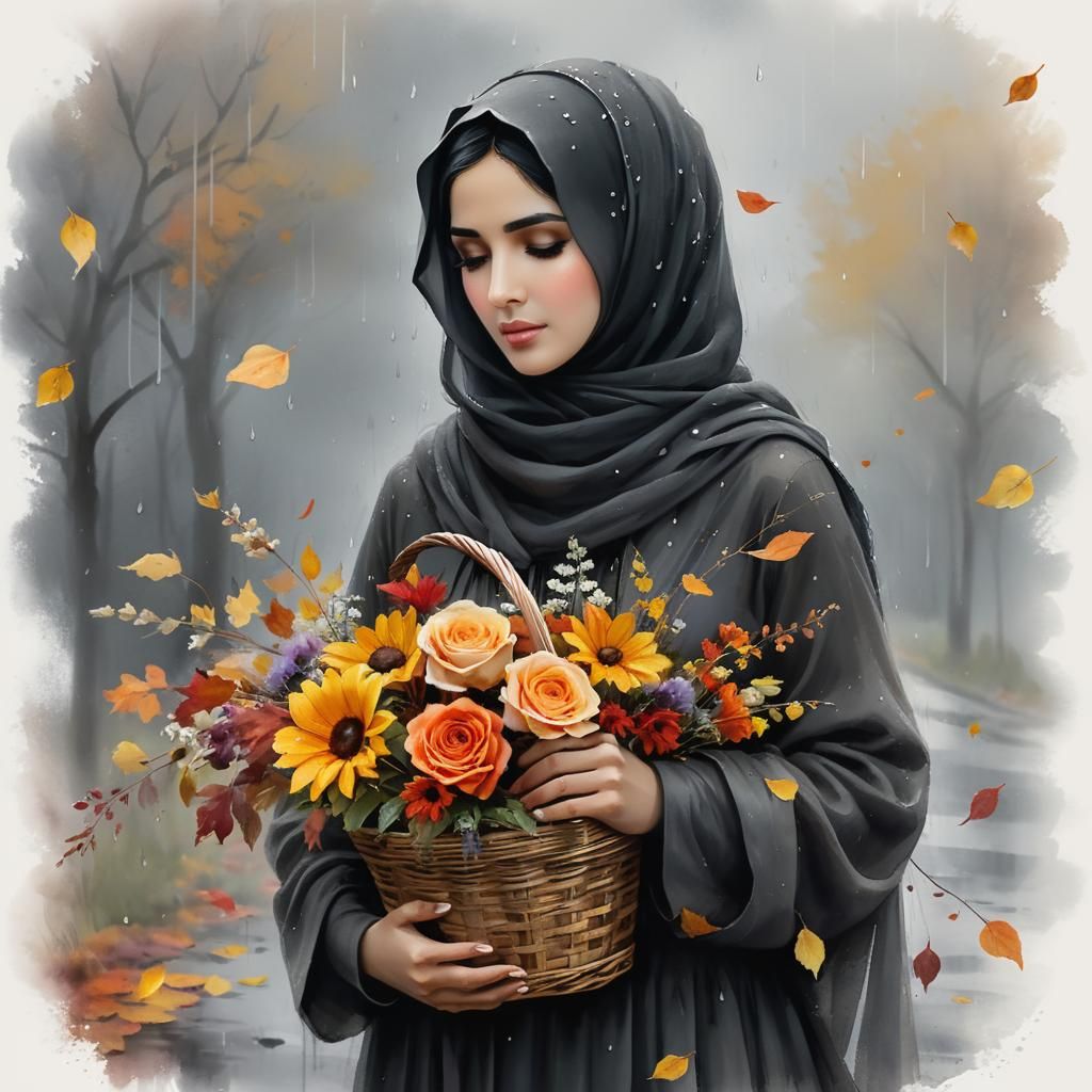 Woman with Autumn Flowers in Charcoal Watercolor