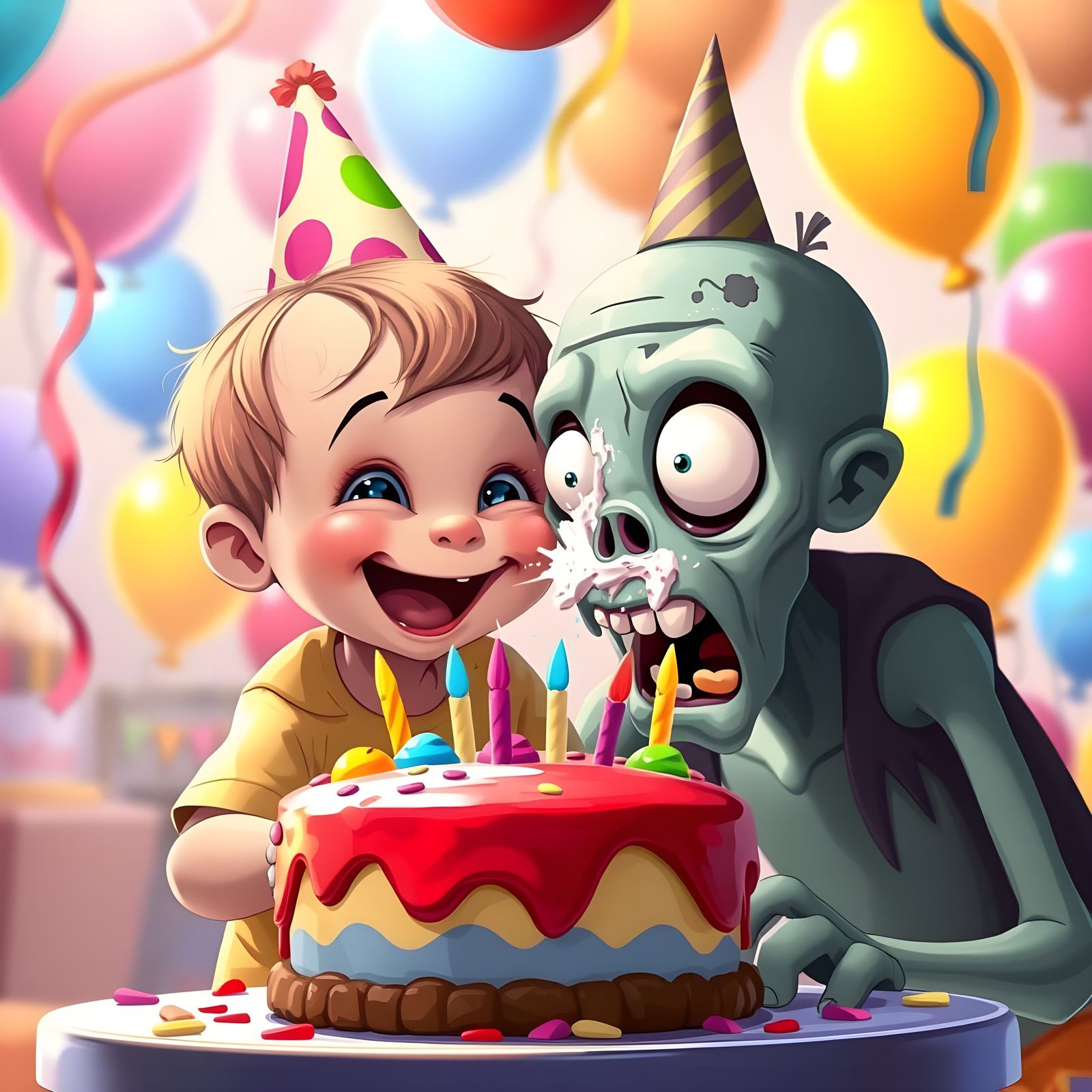 Toddler Smashing Cake Into Zombie's Face in Pixar Style