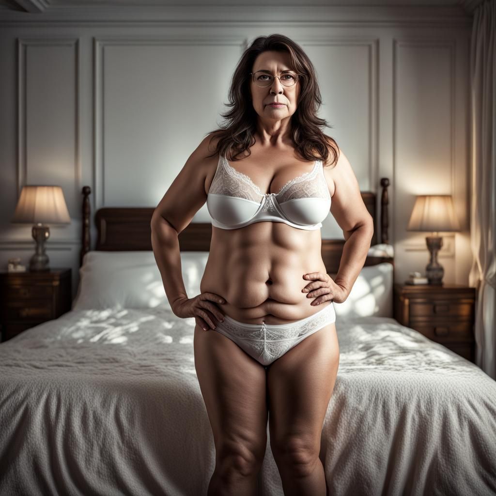 Hyperrealistic Portrait of Brunette Woman in Bedroom