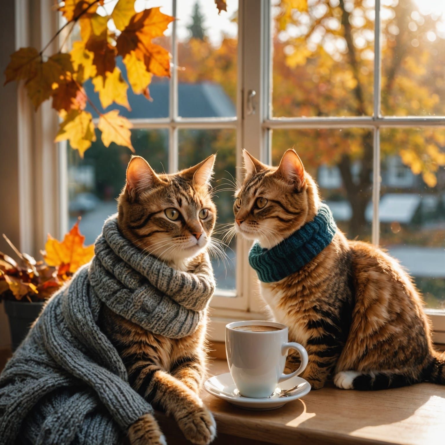 Cats Enjoying Coffee on Autumn Morning: Digital Art