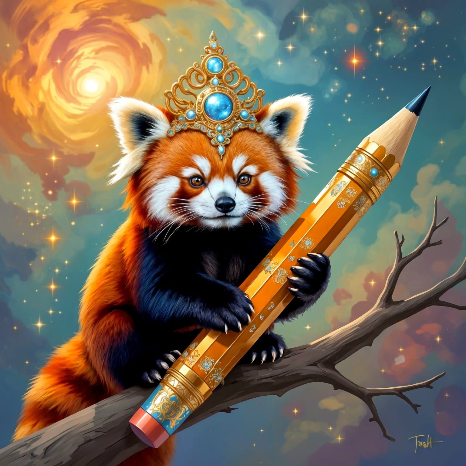 Whimsical Red Panda in Cosmic Headdress on Mechanical Pencil...