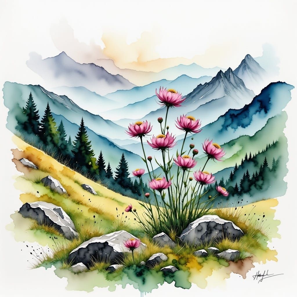 Alpine Flowers in Watercolor and Ink Style