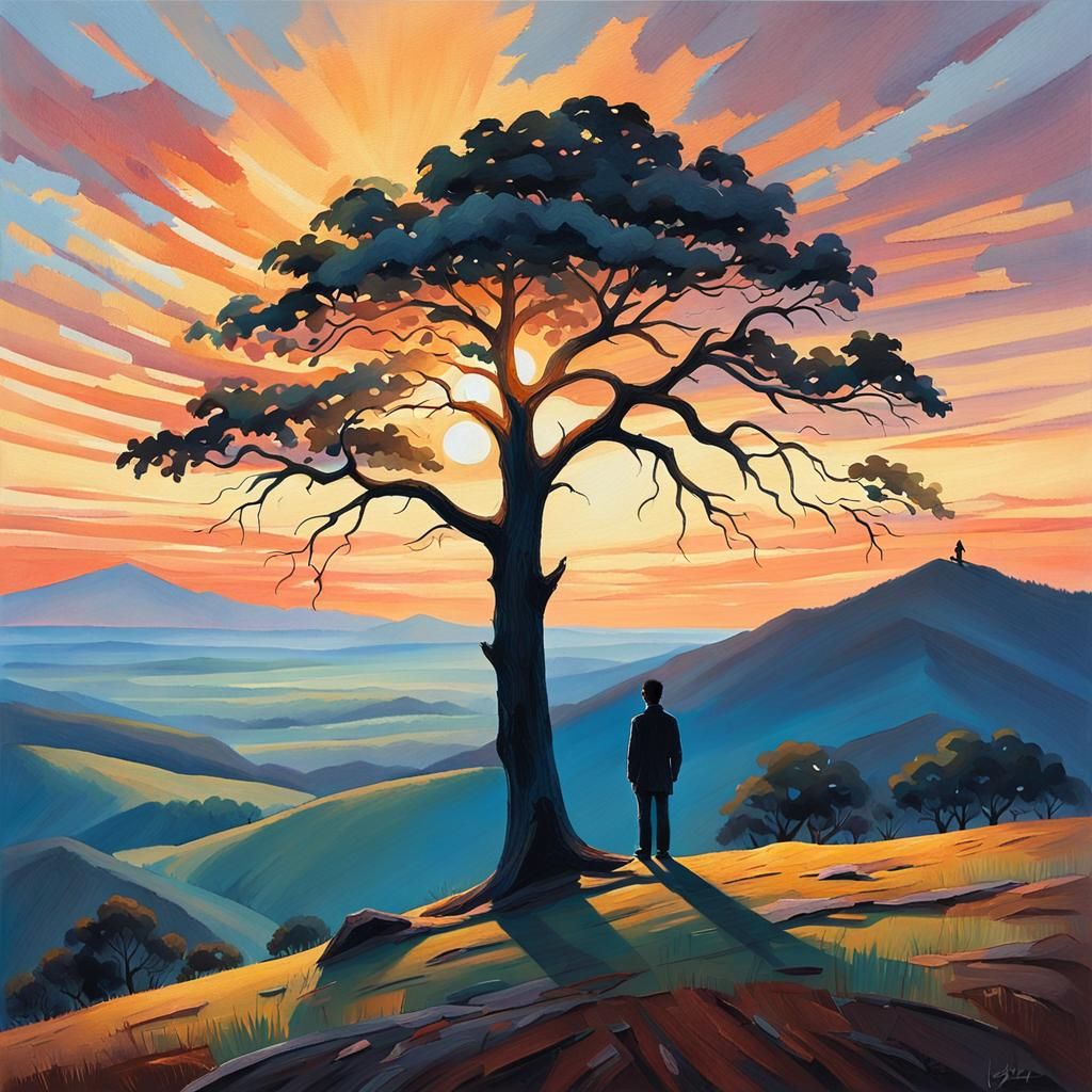 Dawn Silhouette: Gouache Painting of Lone Figure