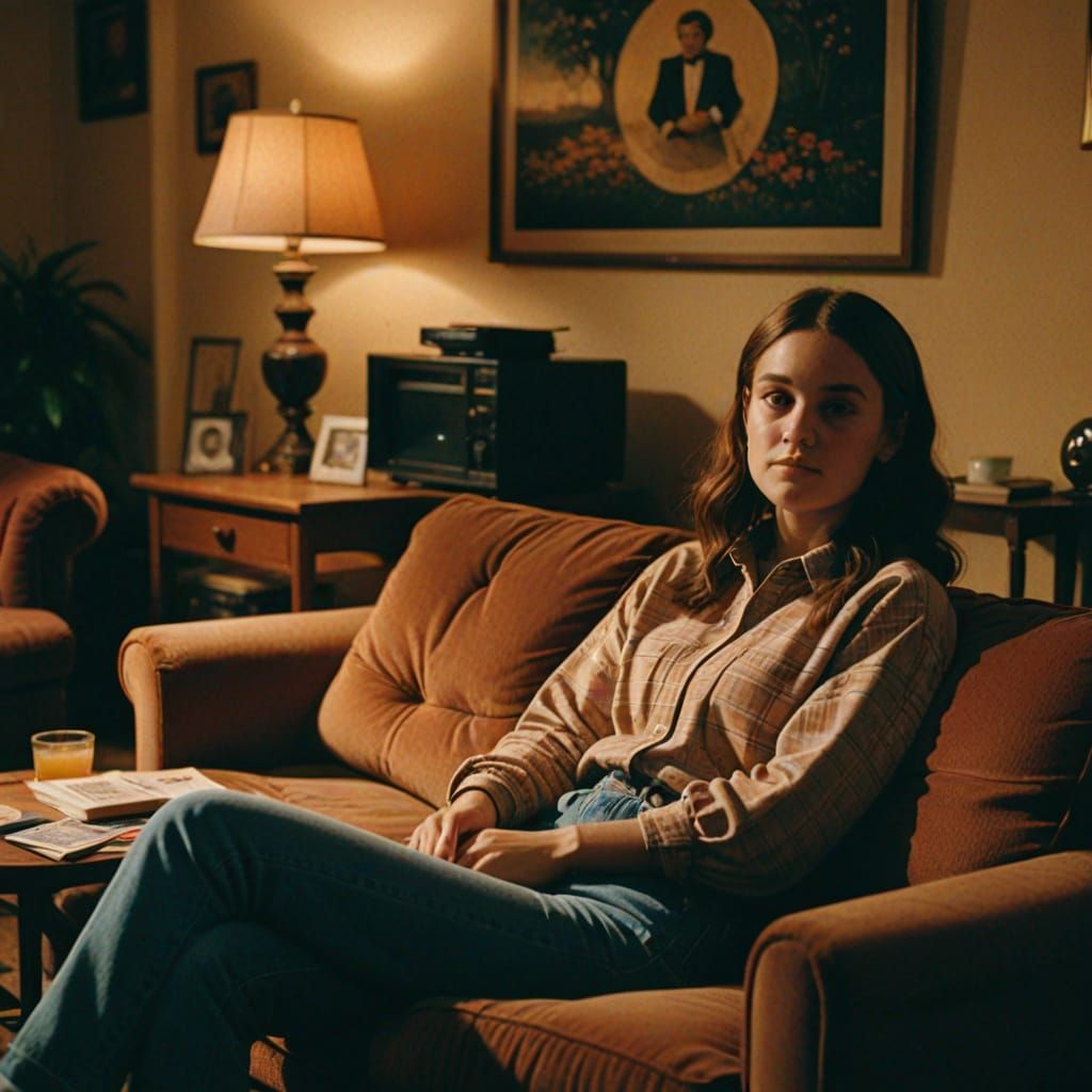 Nostalgic Film Still of Woman on Couch