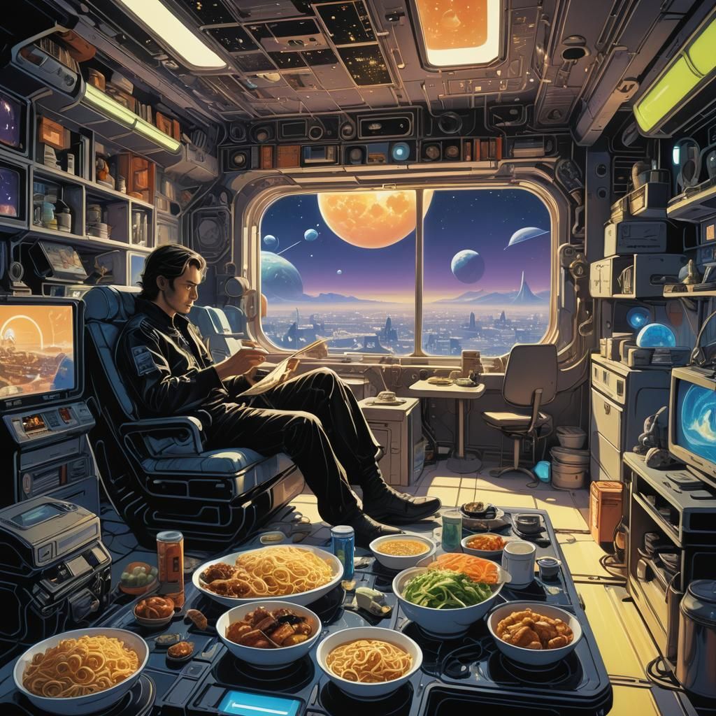 Sci-Fi Man Eating Noodles with Earth View