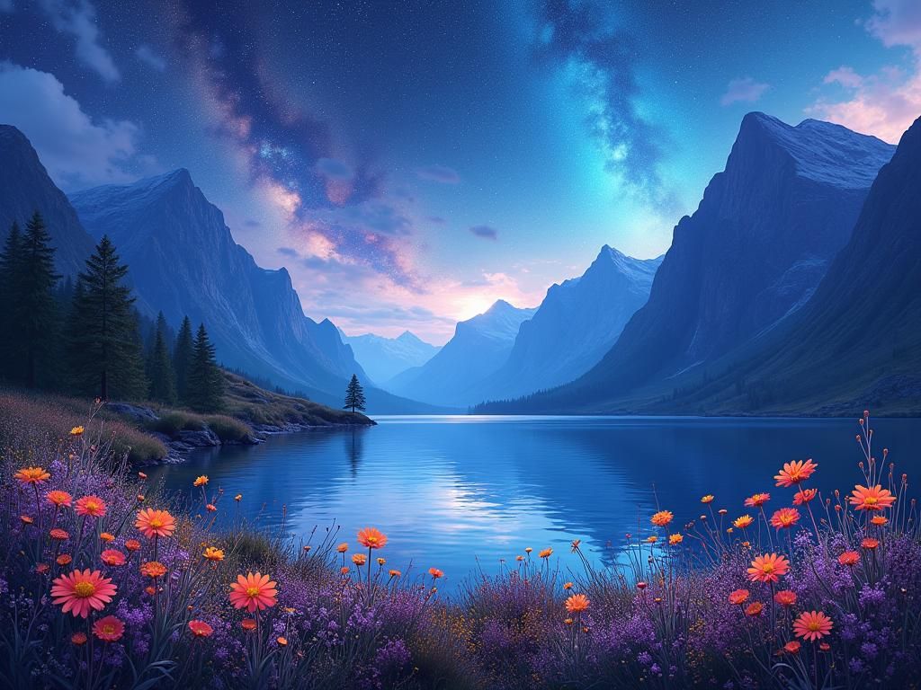 Iridescent Wildflowers in Galaxy Landscape