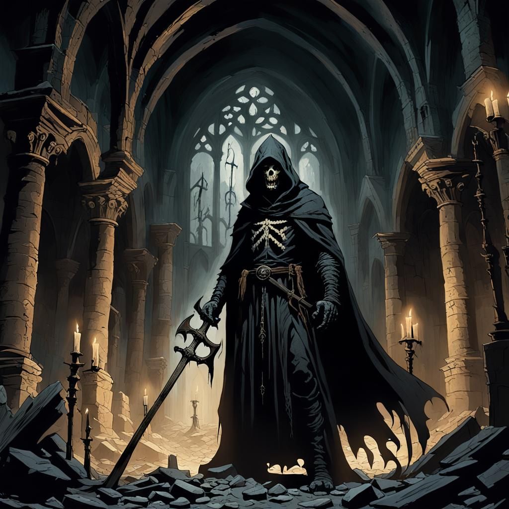 Dark Fantasy Death in Ruined Gothic Church