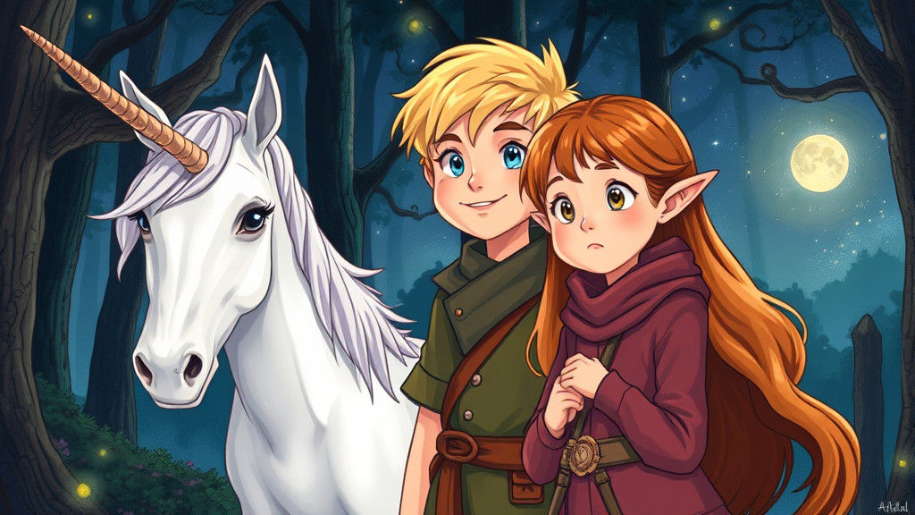 Elvish Boy and Girl with Unicorn in Magic Forest