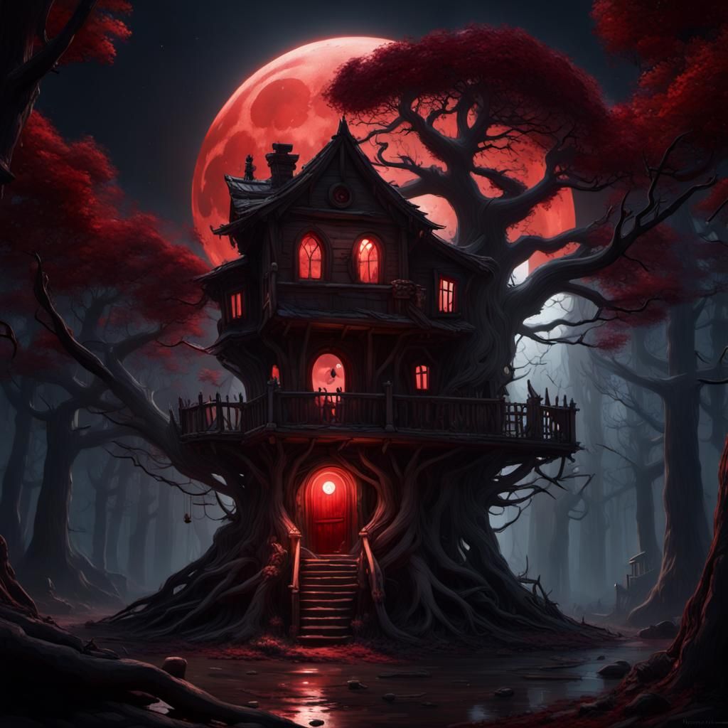 Eerie Treehouse in Enchanted Forest: Dark Fantasy Art