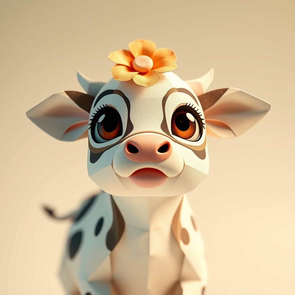 Whimsical Paper Cutout of Curious Baby Cow in Delicate Garde...