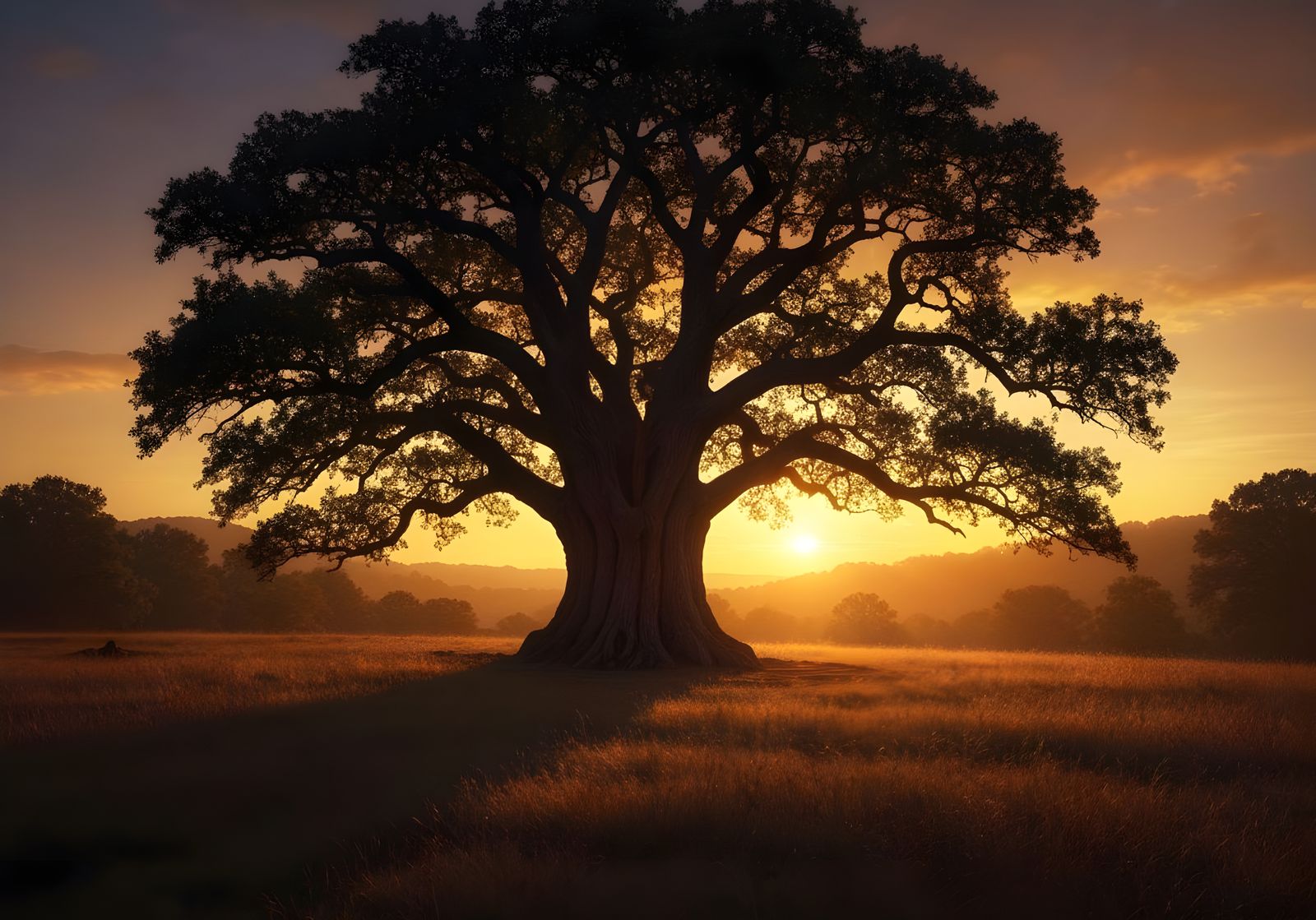 Majestic Oak Tree at Fiery Sunset Landscape Painting