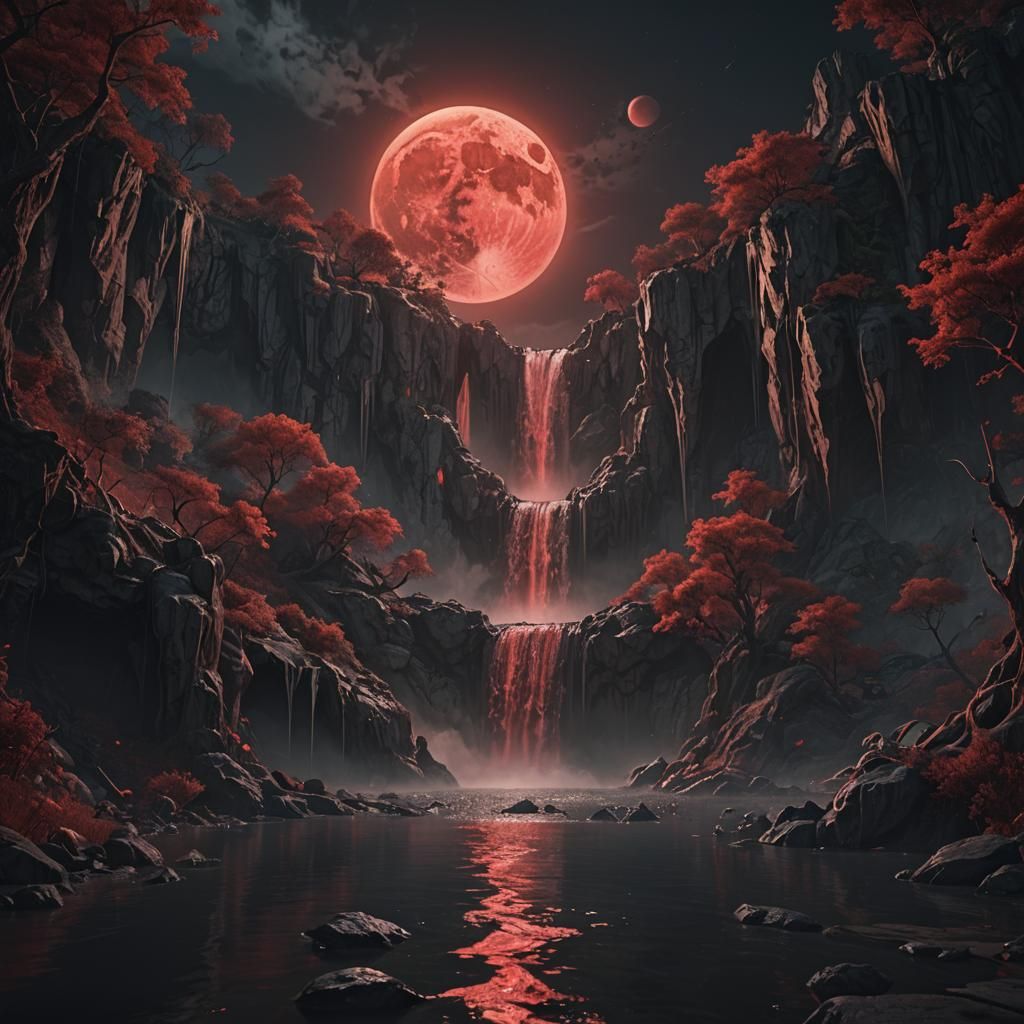 Waterfall Under Red Moon: Fantasy Concept Art