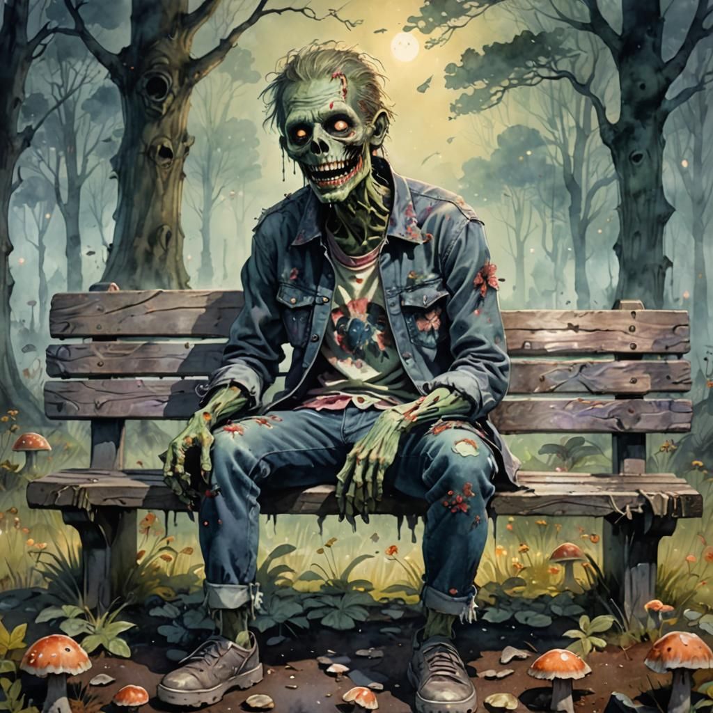 Friendly Zombie in Misty Forest: Watercolor Art