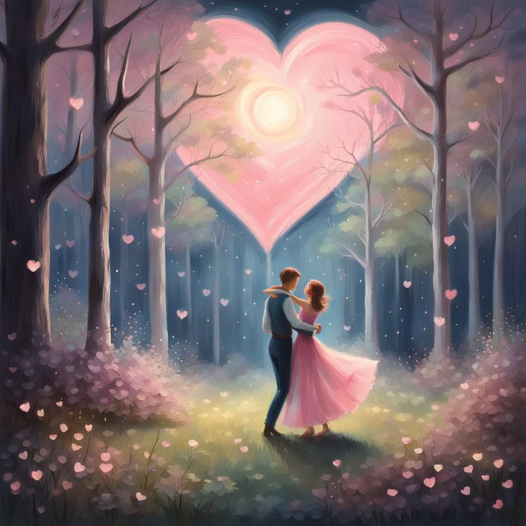 Couple Dancing Under Pink Moon in Impressionist Style