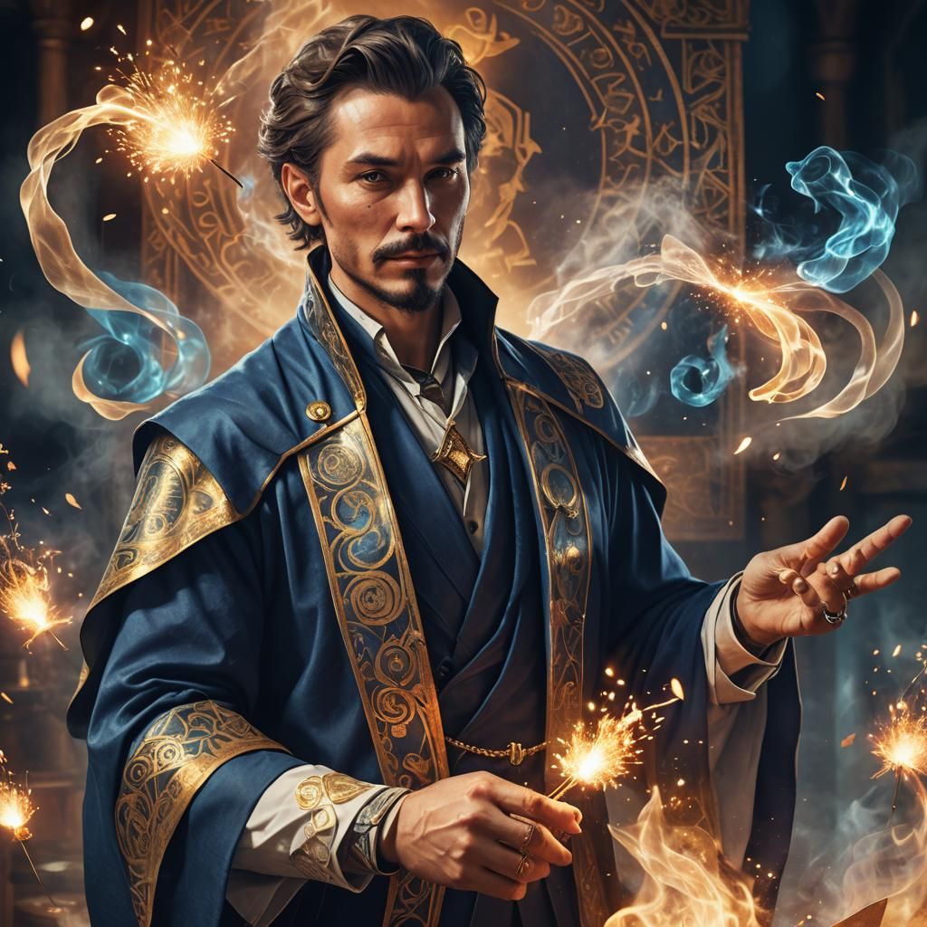 Fantasy Magician with Origami Money in Lavish Robe