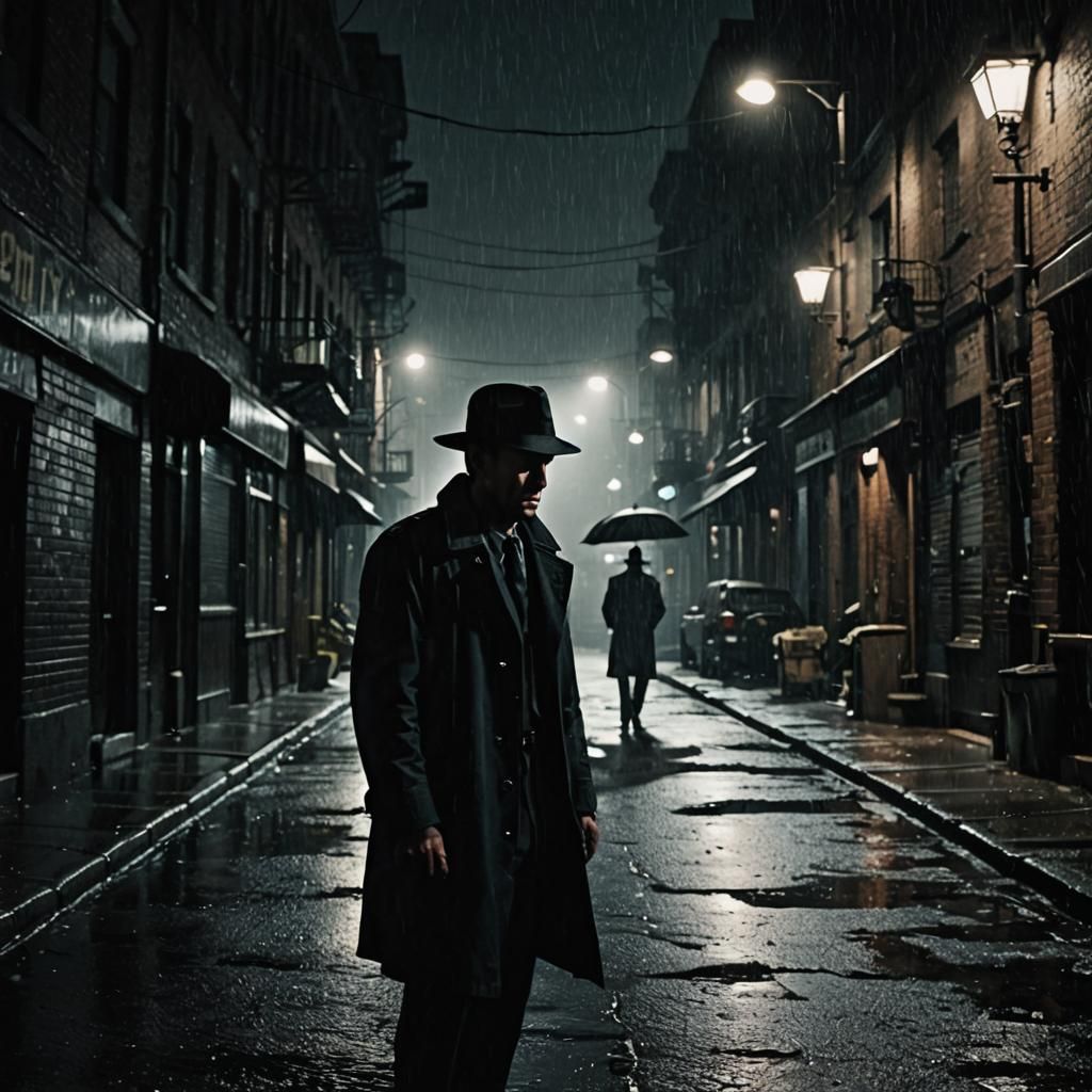Film Noir Sigma Male in Rainy Cityscape