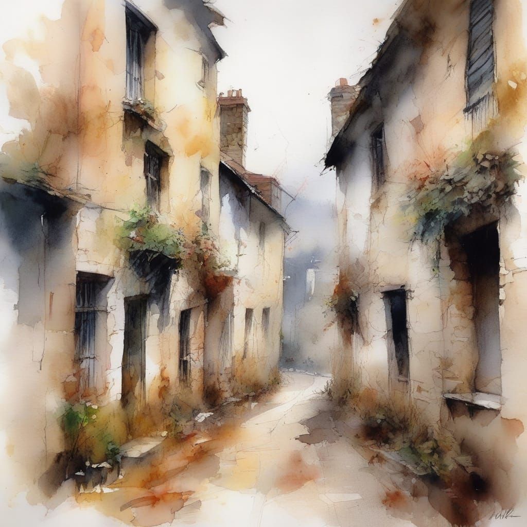 18th Century Cotswold Village in Watercolour Style