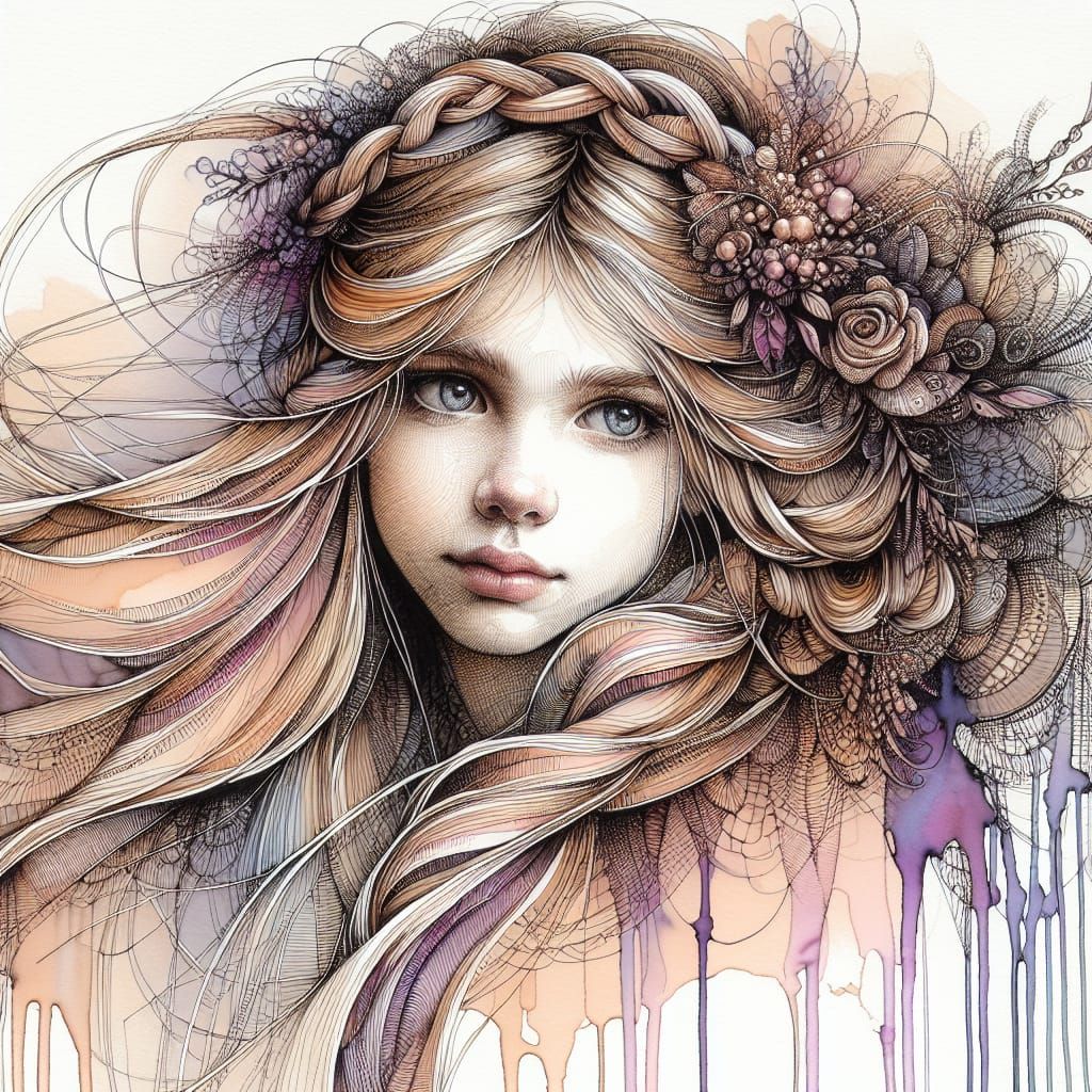 "High-detail alcohol ink drawing of a young girl with flowers woven in her long blonde hair, karol bak uhd painting styl...