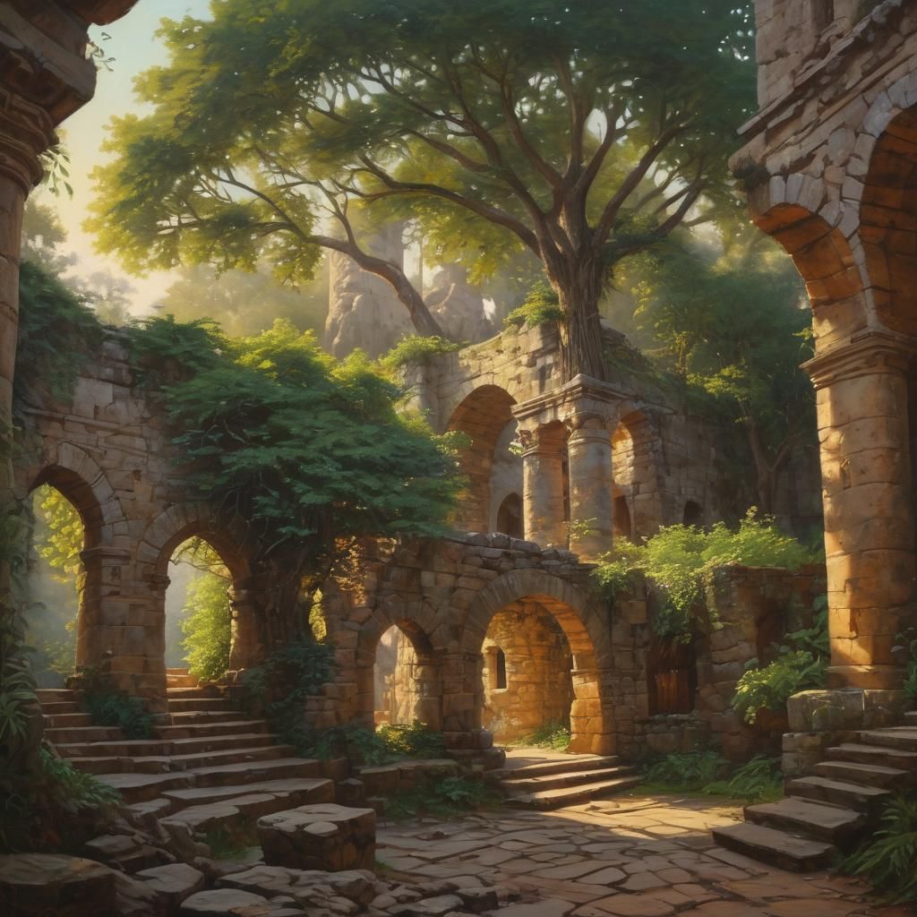 Labyrinth Island Ruins in Romantic Realism Style