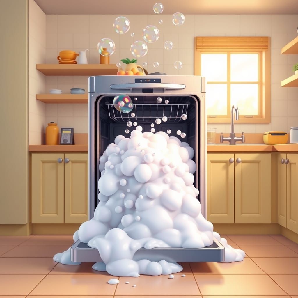 Humorous Pixar Kitchen with Overflowing Dishwasher