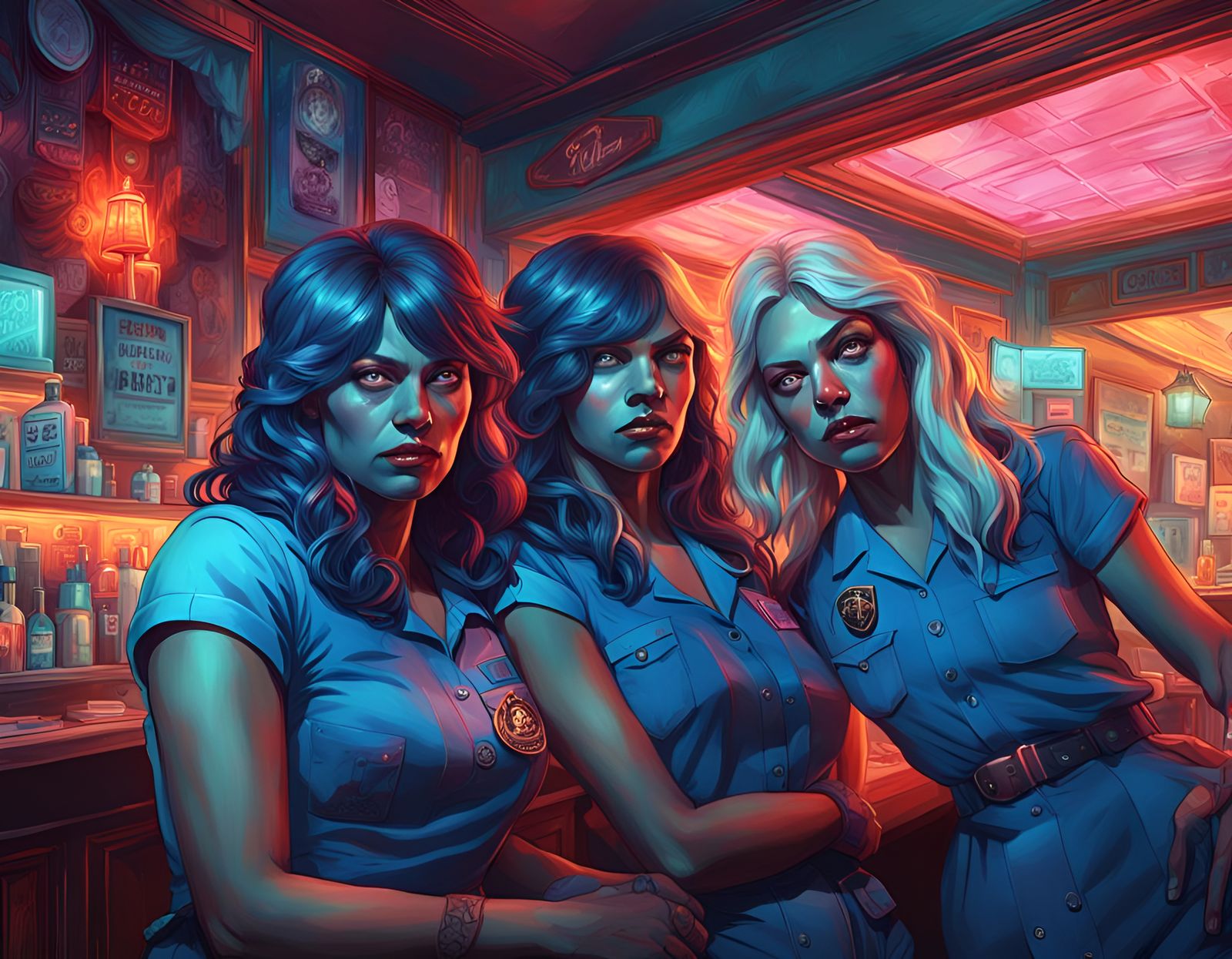Creepy Motel Bar Ladies: Surreal Digital Portrait