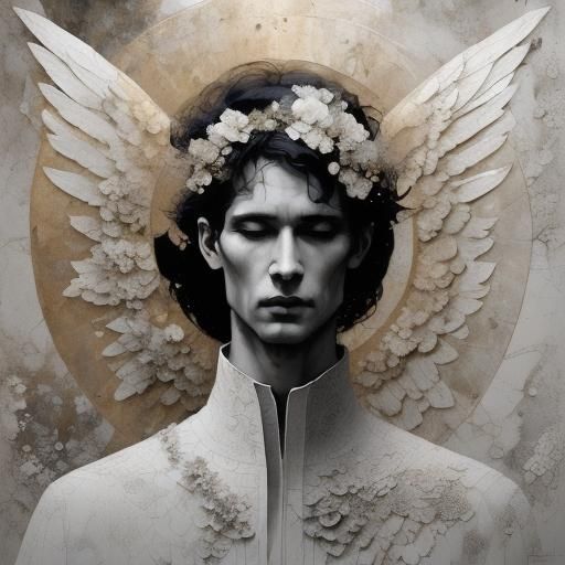 Monochrome Celestial Portrait with Wings and Halo