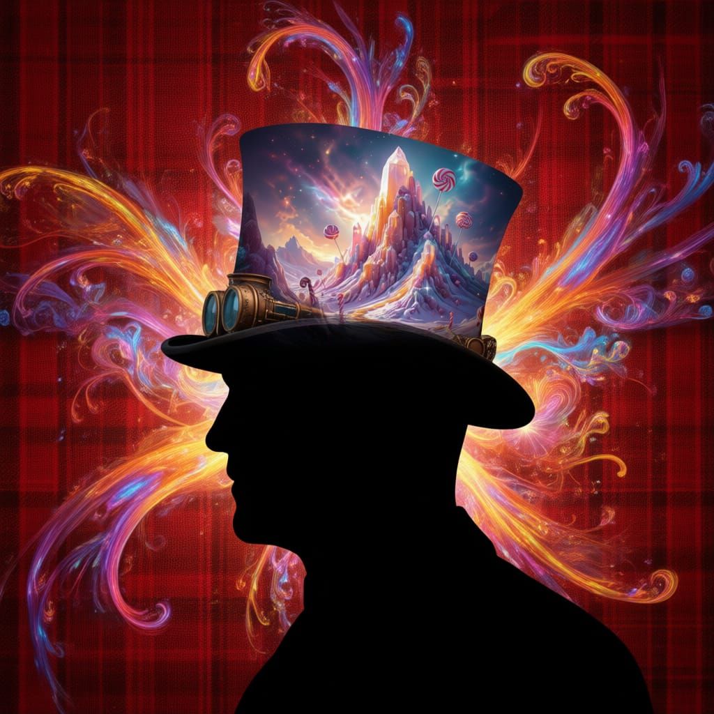 Man's Silhouette with Steampunk Hat & Mountain Landscape