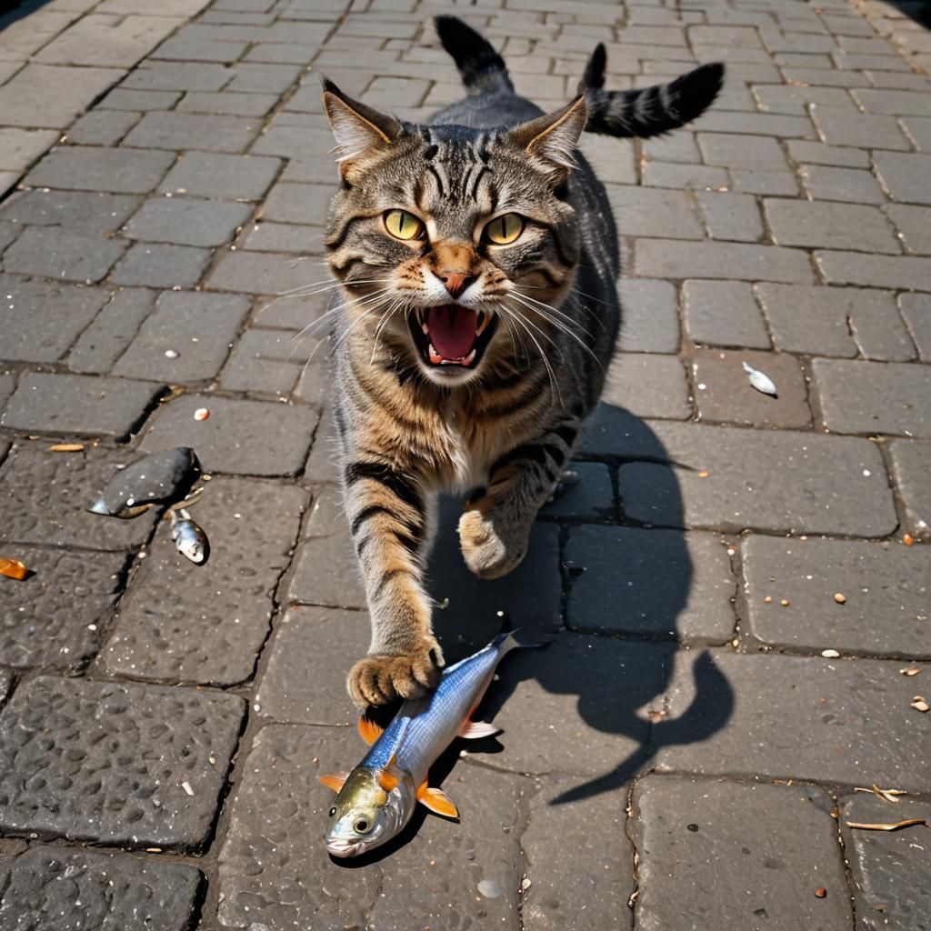 Panicked Cat Steals Fish in Street Photography Style