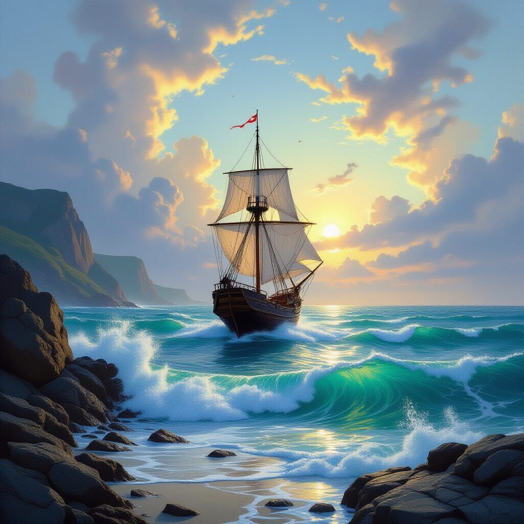 Devonian Seascape Masterpiece with Sailing Ship
