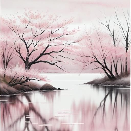 Serene Cherry Tree in Grayscale Watercolor Painting