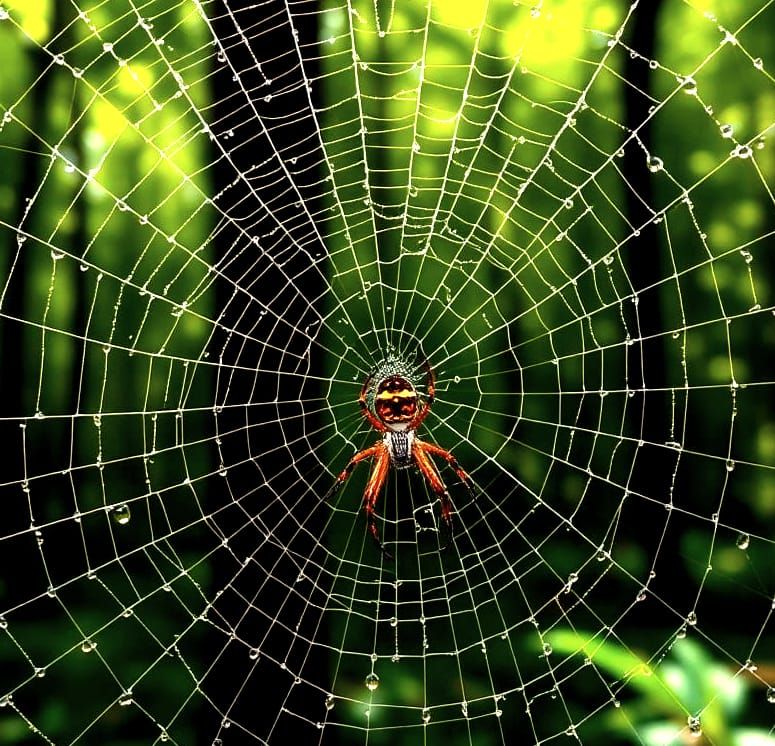 Lush Greenery Macro Photography of Spider Web in Forest