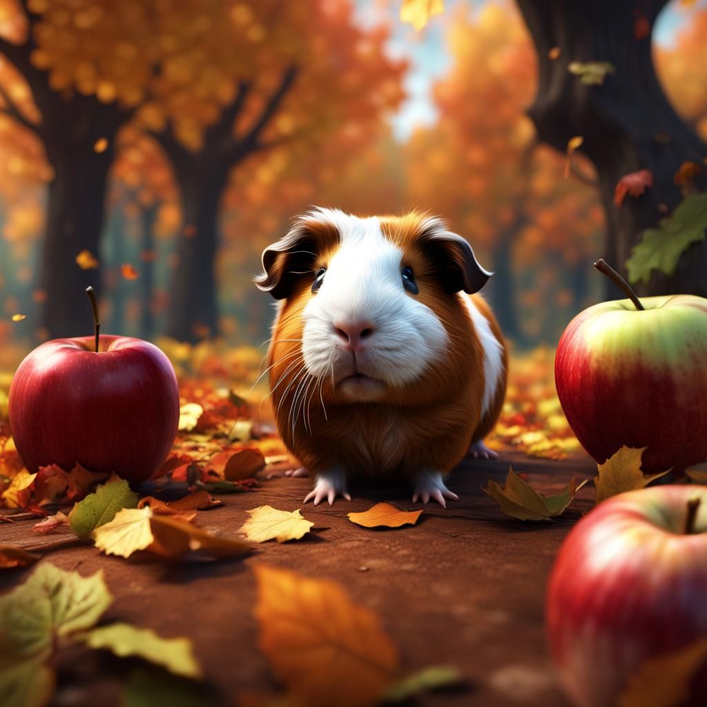 Guinea Pig with Apple in Autumn Landscape