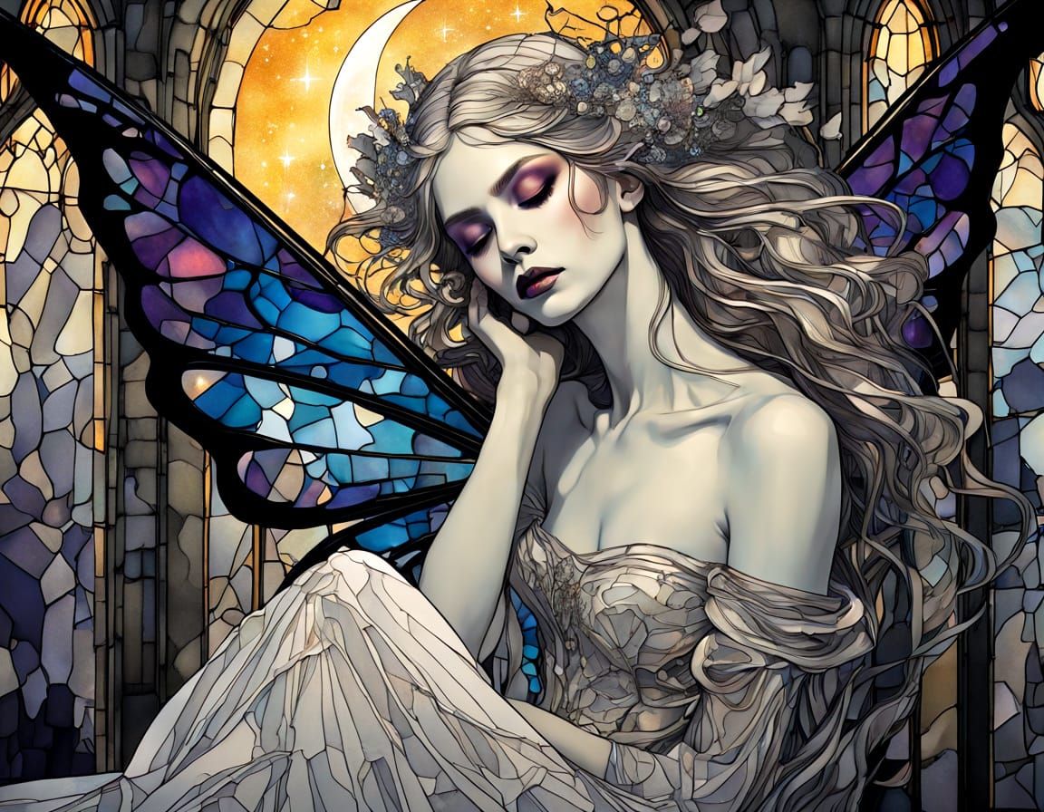 Gothic Fairy with Stained Glass Wings in Despaircore Style