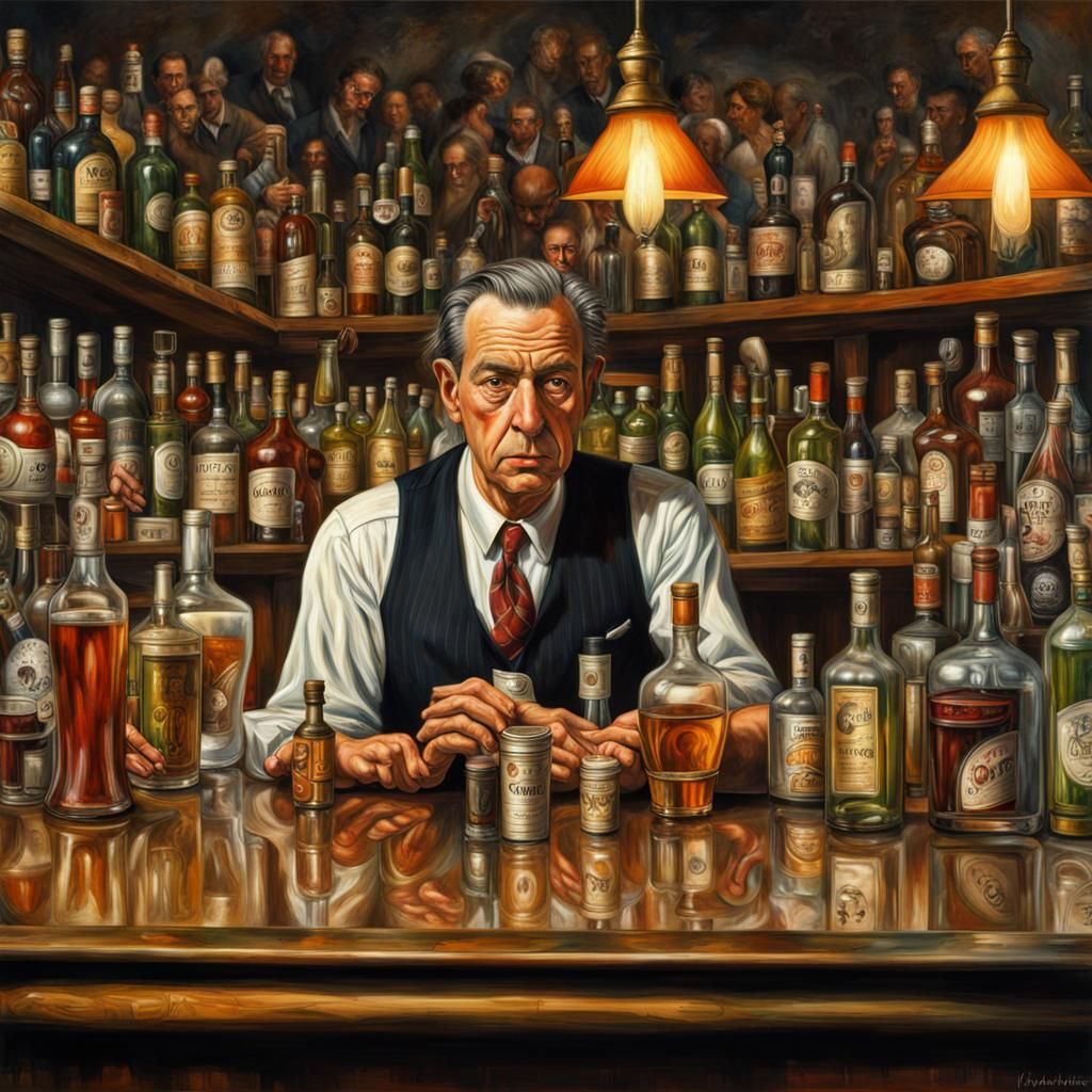 Overworked Bartender in Crowded Bar: Surrealist Oil Painting