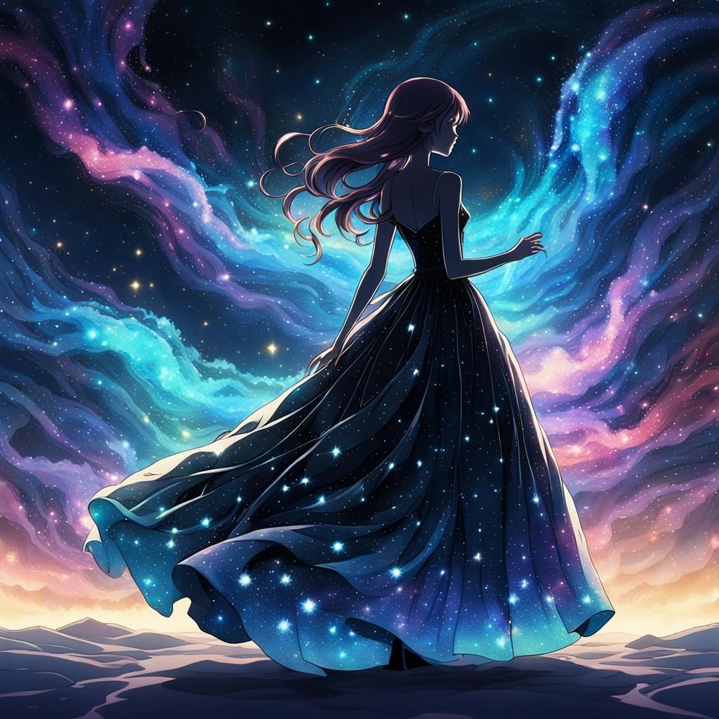 Nebula Gown in Cel-Shaded Anime Style