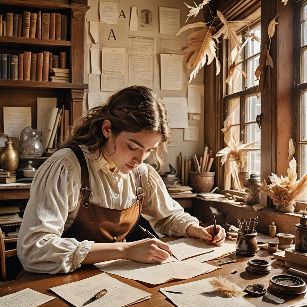 Girl Practicing Calligraphy in Cozy Classroom