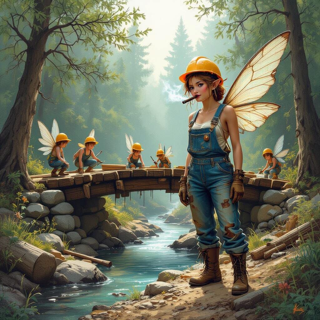 Construction Fairy Builds Forest Bridge: Whimsical Art