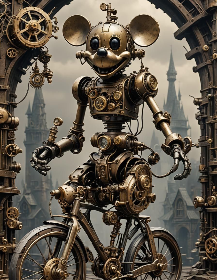 Steampunk Robot Mickey Mouse on Flying Bicycle