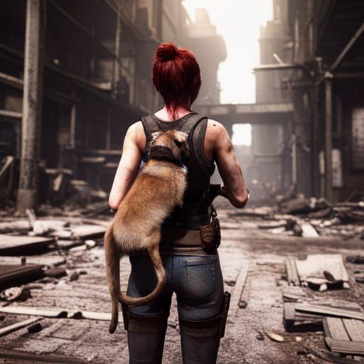 Woman and Dog in Post-Apocalyptic City