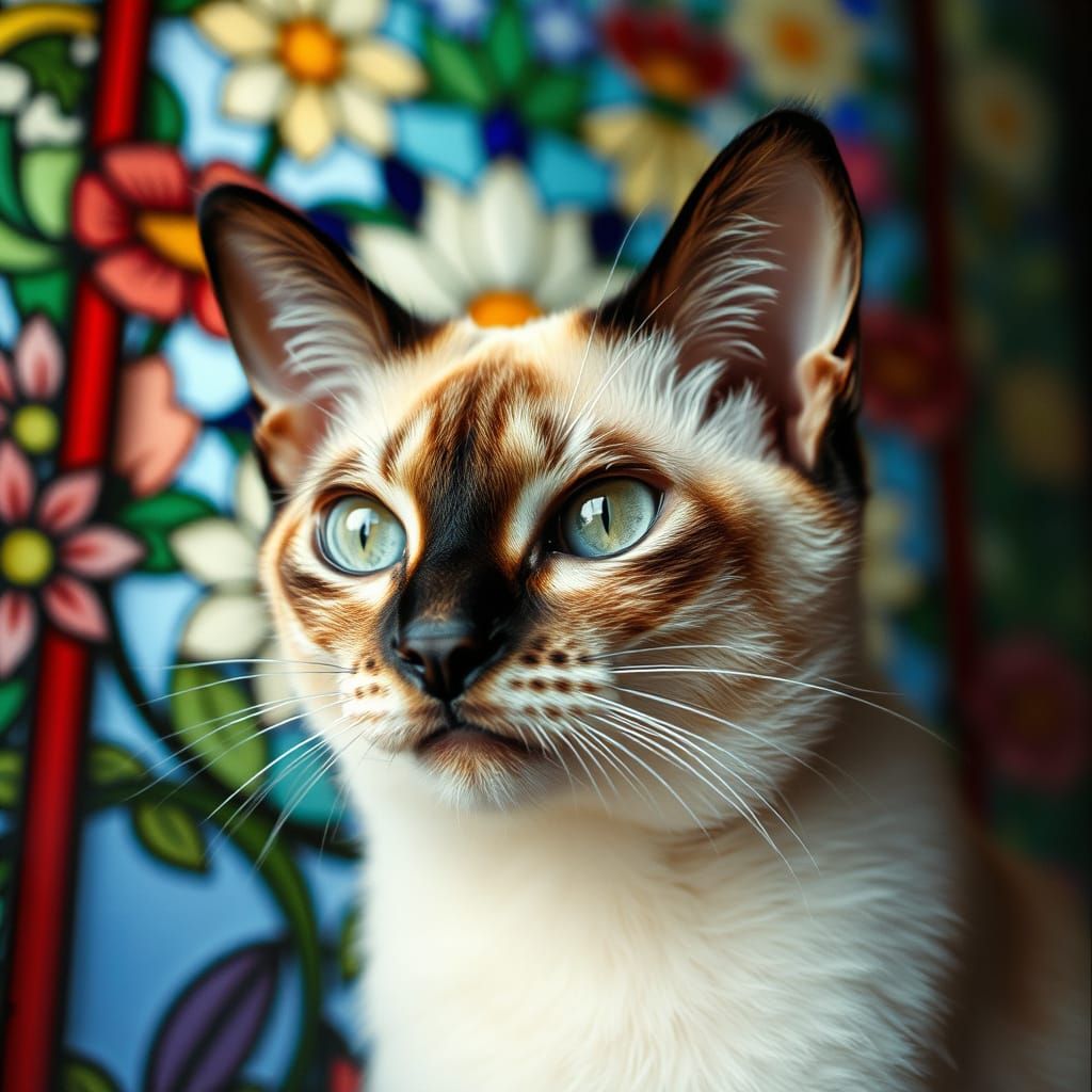 Exquisite Siamese Cat Amidst Vibrant Floral Stained Glass
