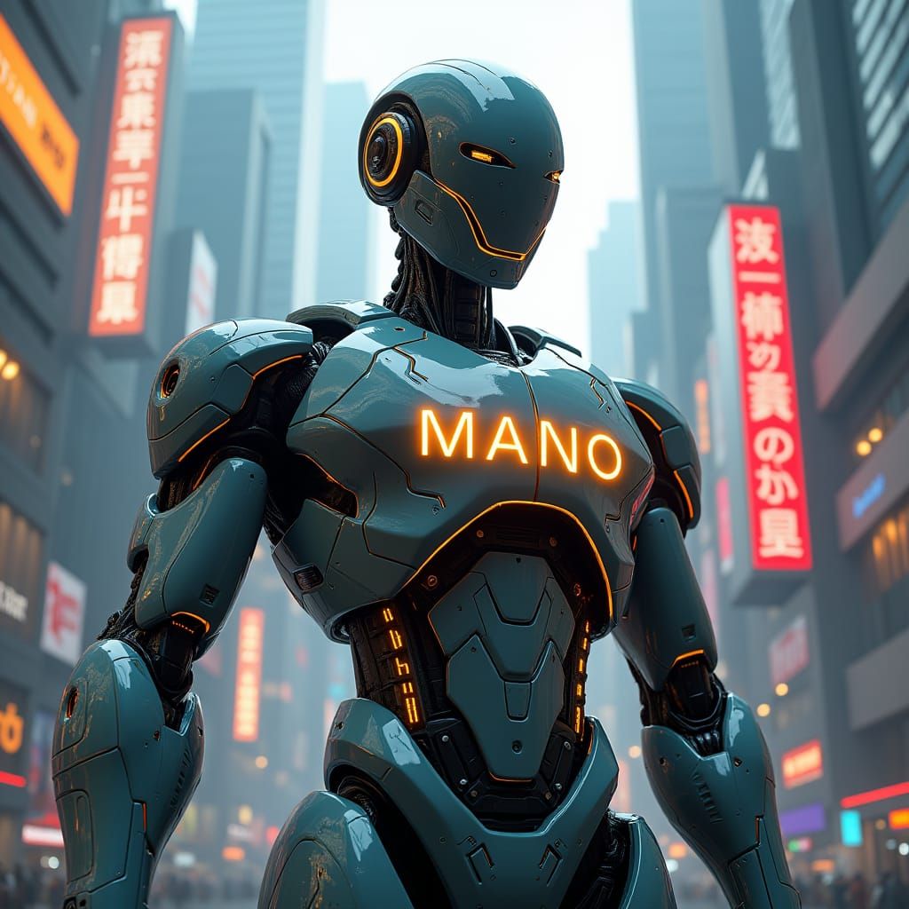 Humanoid Robot 'Mano' in Cyberpunk Cityscape